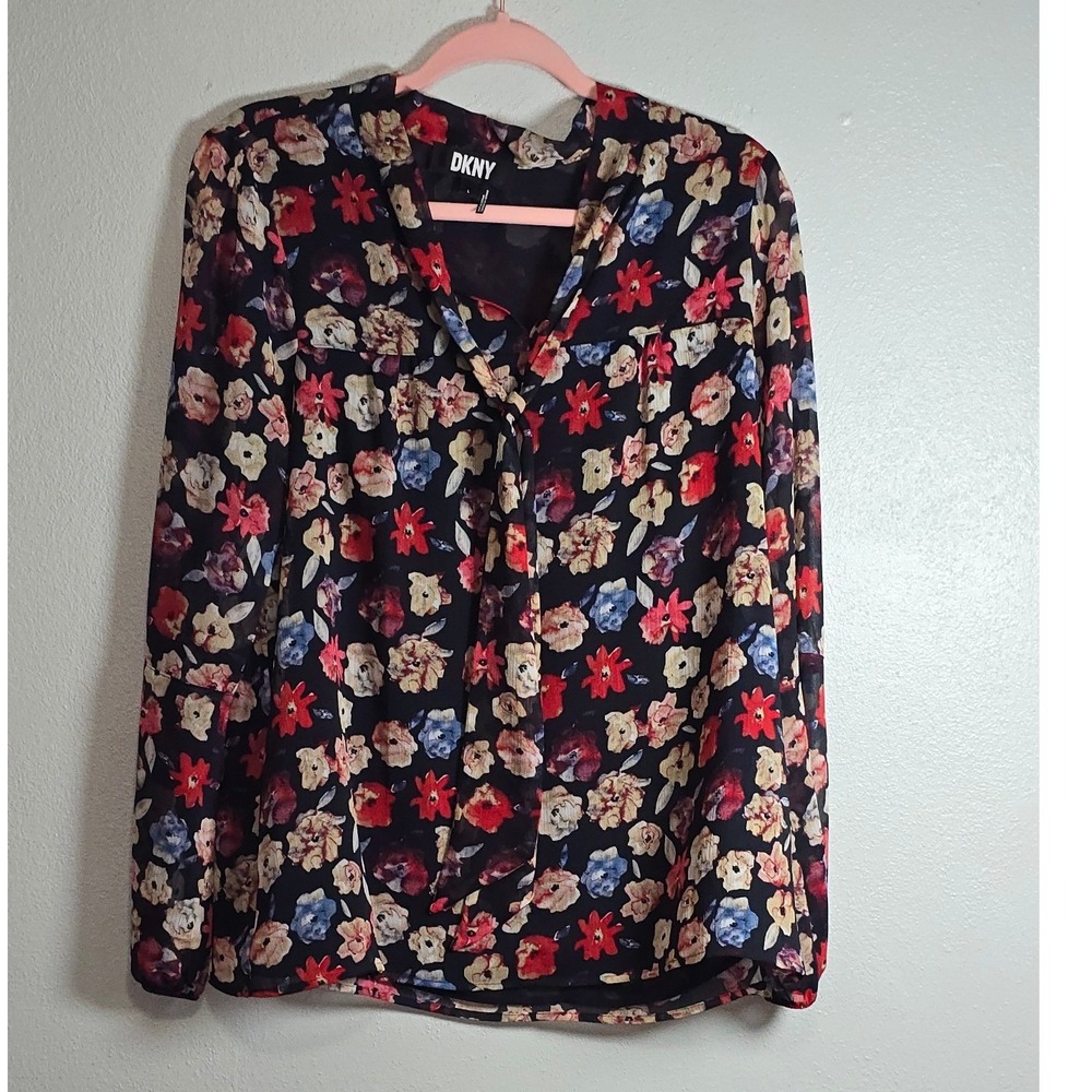 DKNY Womens Floral Tie Neck Blouse Long Sleeve Sheer Chiffon Top Navy Large